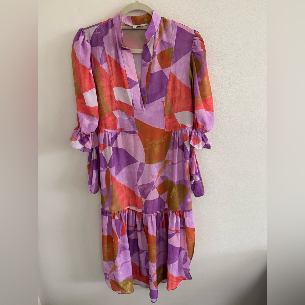 LaRoque Davis Midi Dress in Pink Art Deco A Line Belted